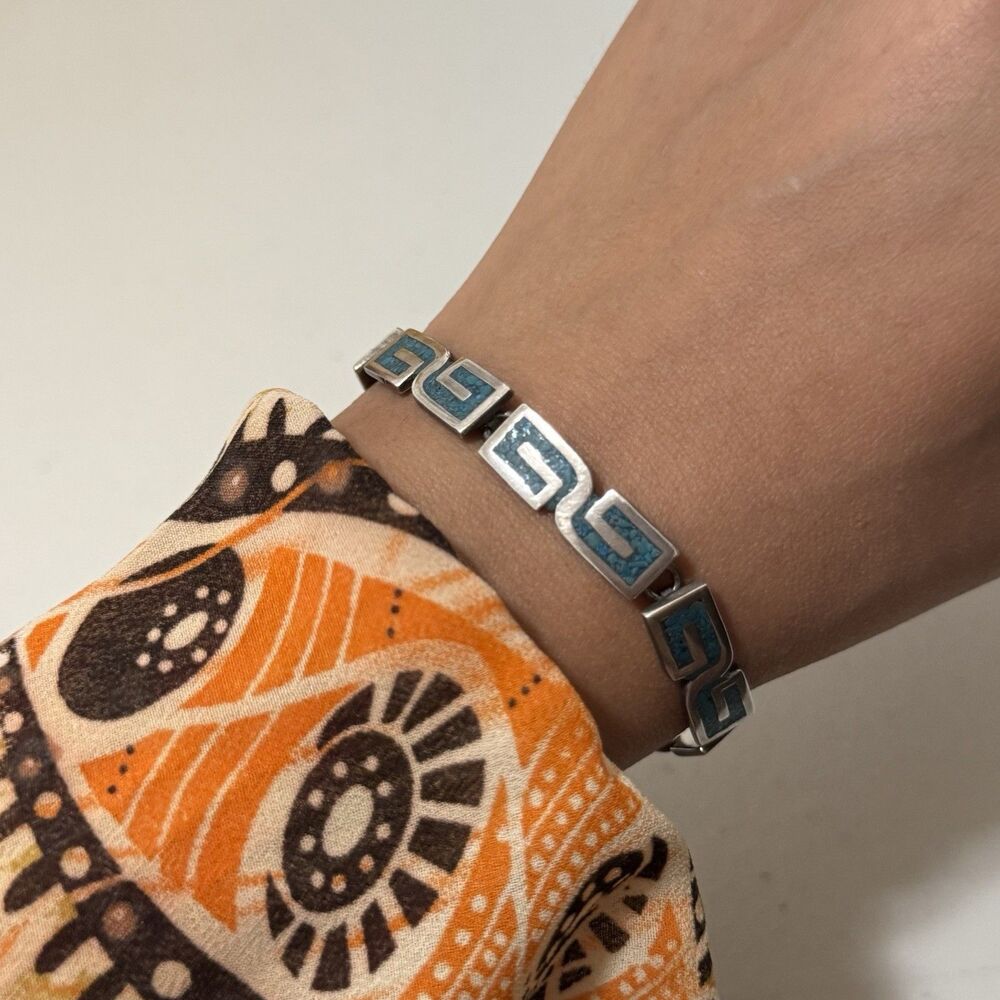 Vintage Taxco Mexico Turquoise Inlay Box Clasp Sterling Bracelet